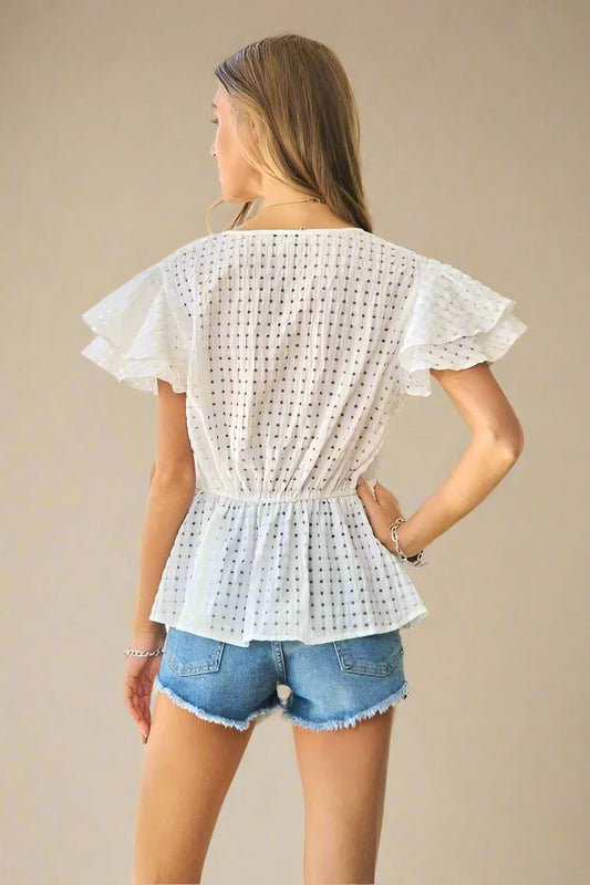Davi & Dani - Ivory Flutter Sleeve Peplum Blouse