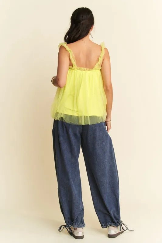 Davi & Dani - Lemon Tulle Ruffle Strap Babydoll Top
