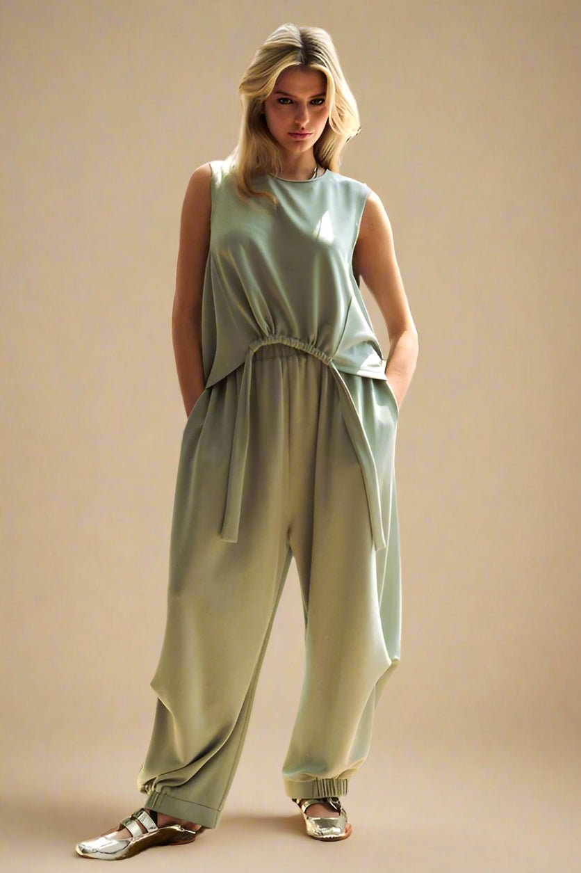 Davi & Dani - Light Green Drawstring Hem Tank Top & Pants Set