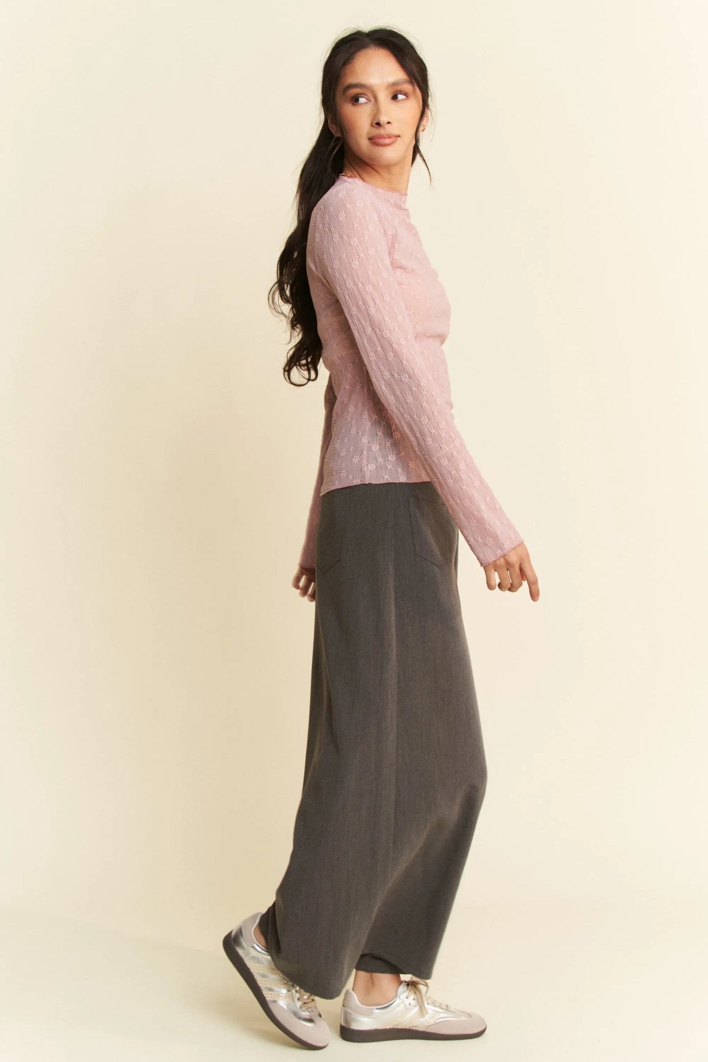 Davi & Dani - Mauve Sheer Textured Mock Neck Top