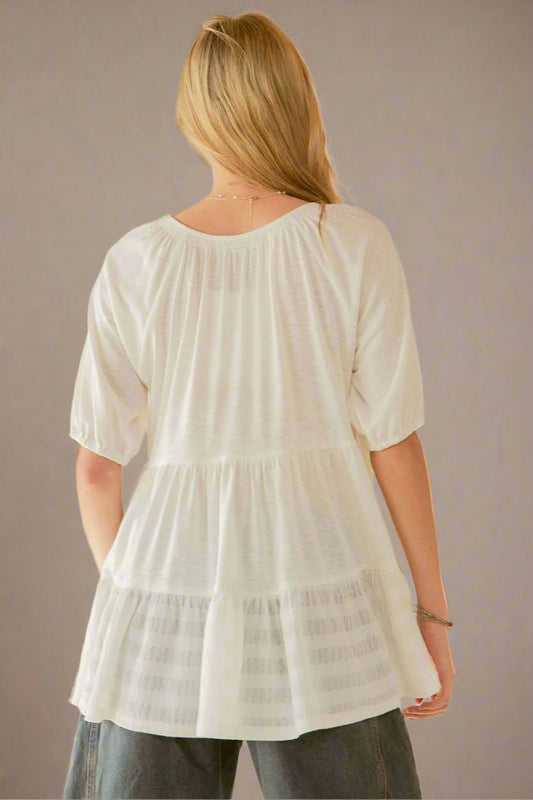 Davi & Dani - Notched Neck Tiered Babydoll Top – Soft White