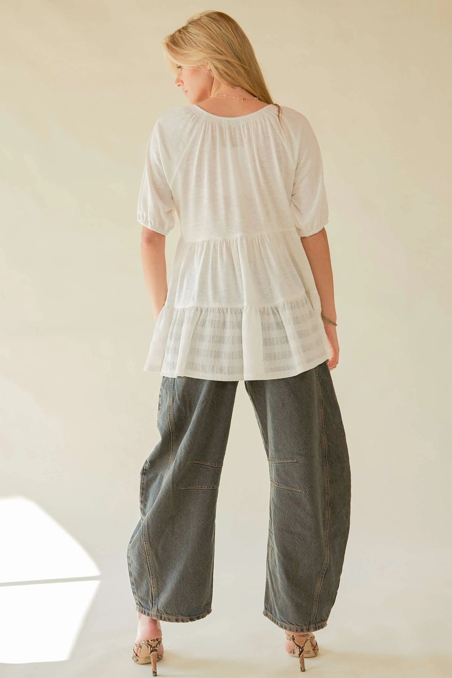 Davi & Dani - Notched Neck Tiered Babydoll Top – Soft White