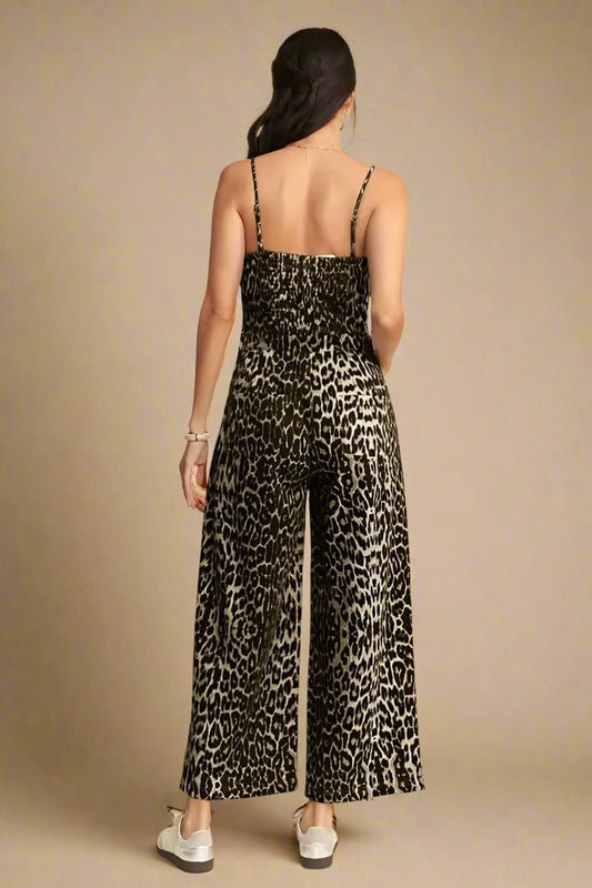 Davi & Dani - Olive Leopard Print Wide Leg Jumpsuit