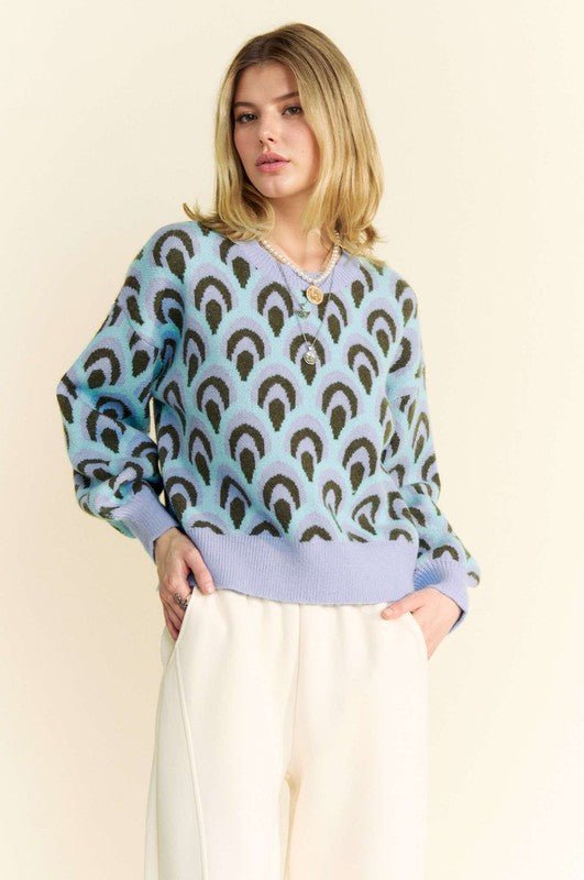 Davi & Dani - Pastel Blue Printed Relaxed Fit Sweater