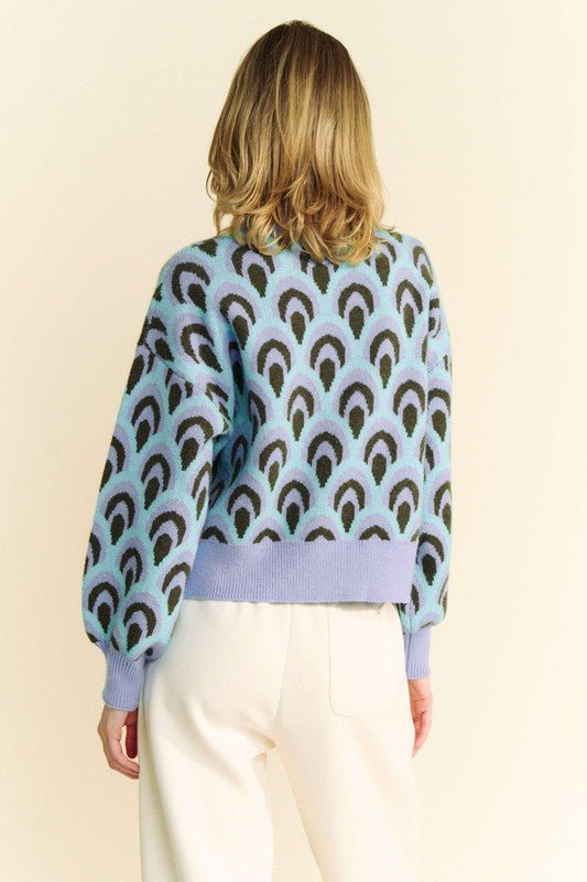Davi & Dani - Pastel Blue Printed Relaxed Fit Sweater