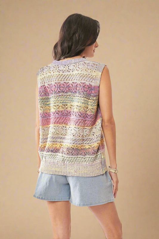 Davi & Dani - Pastel Multi Stripe Crochet Sweater Vest