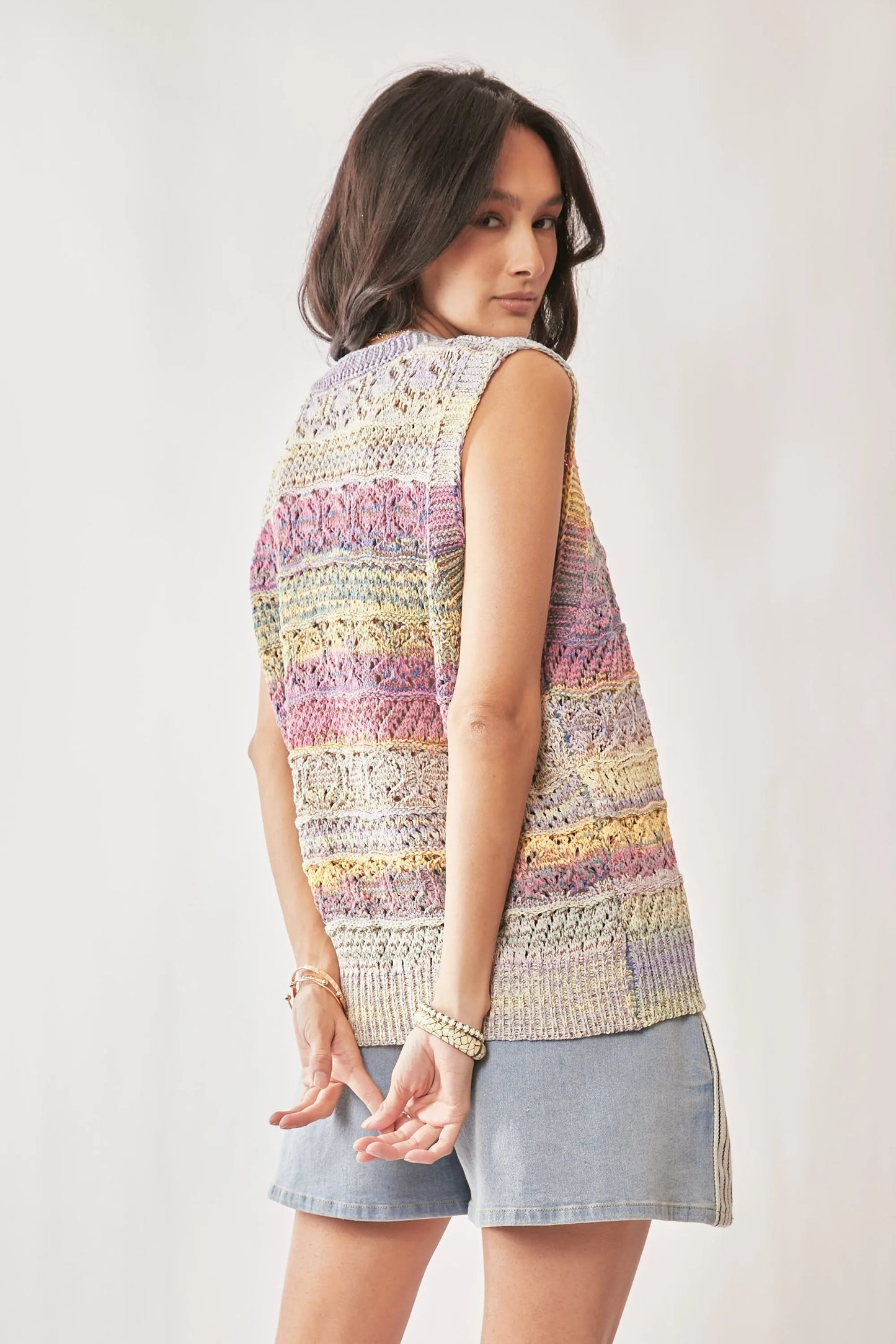 Davi & Dani - Pastel Multi Stripe Crochet Sweater Vest