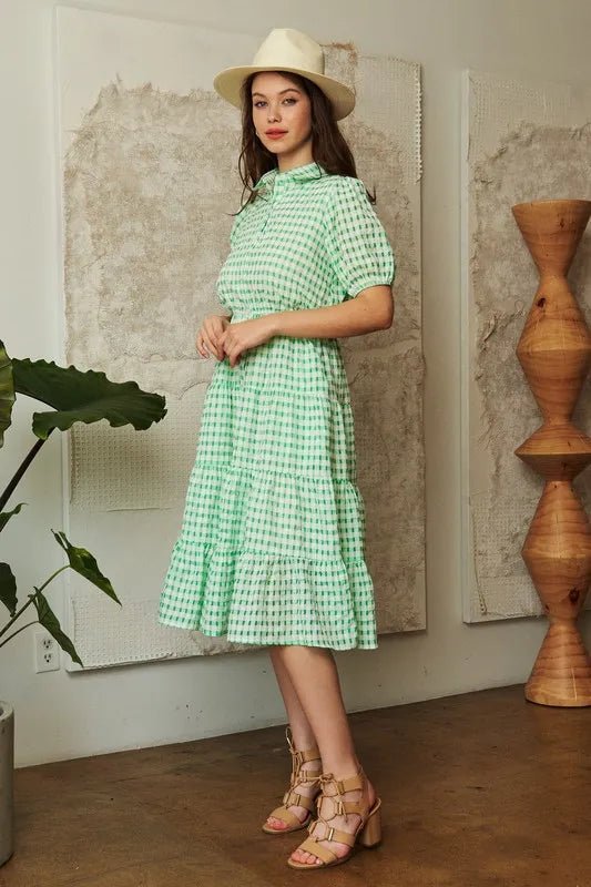 Davi & Dani - Puff Sleeve Button - Front Gingham Dress – Fresh Green