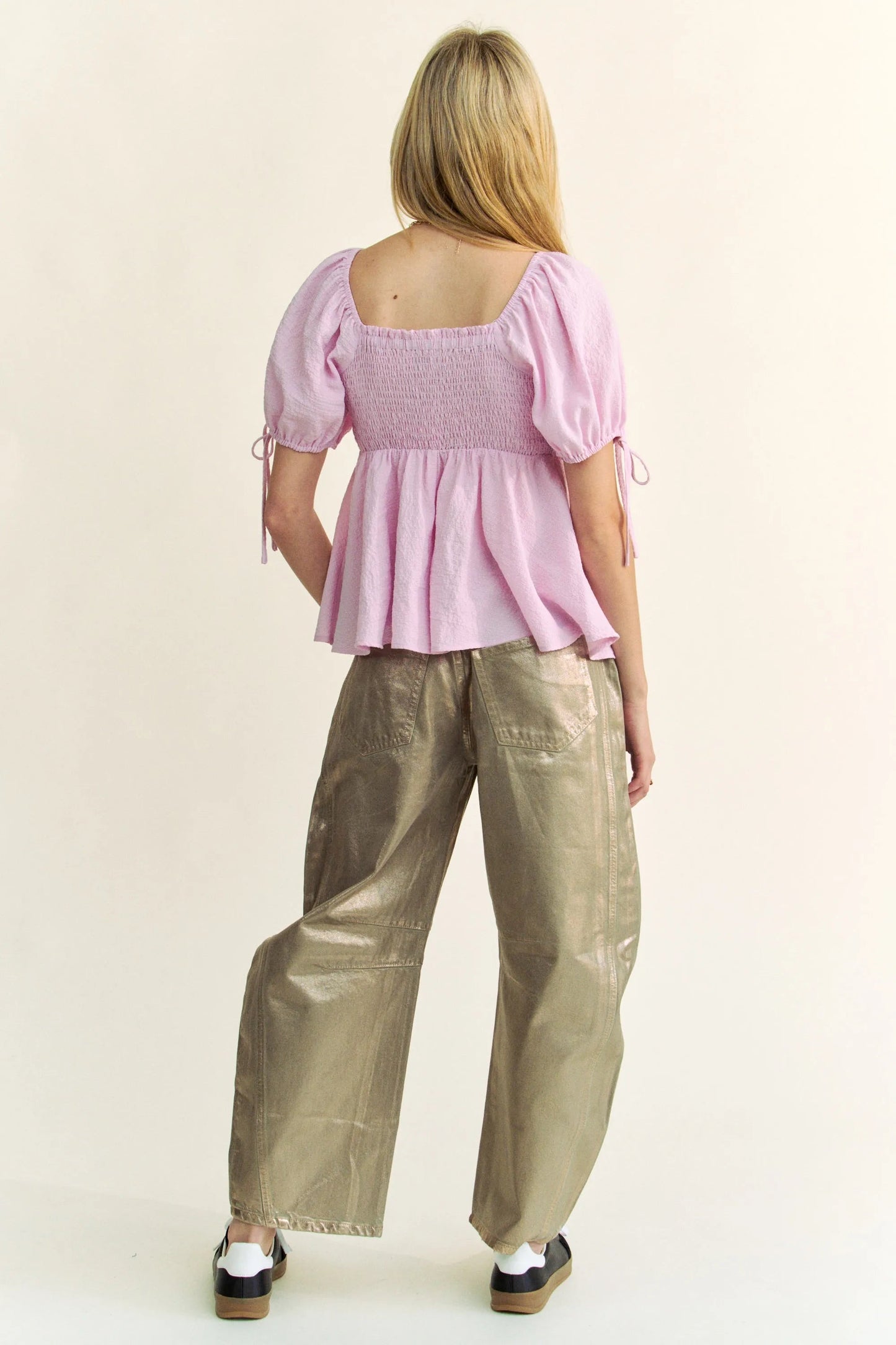 Davi & Dani - Puff Sleeve Peplum Top – Light Pink