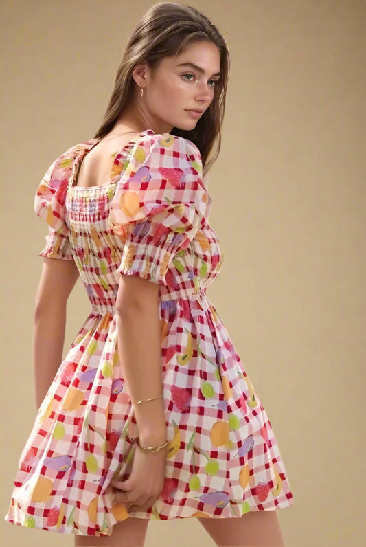 Davi & Dani - Red Gingham Fruit Print Puff Sleeve Mini Dress