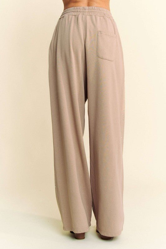 Davi & Dani - Rhinestone Drawstring Wide Leg Pants in Tan