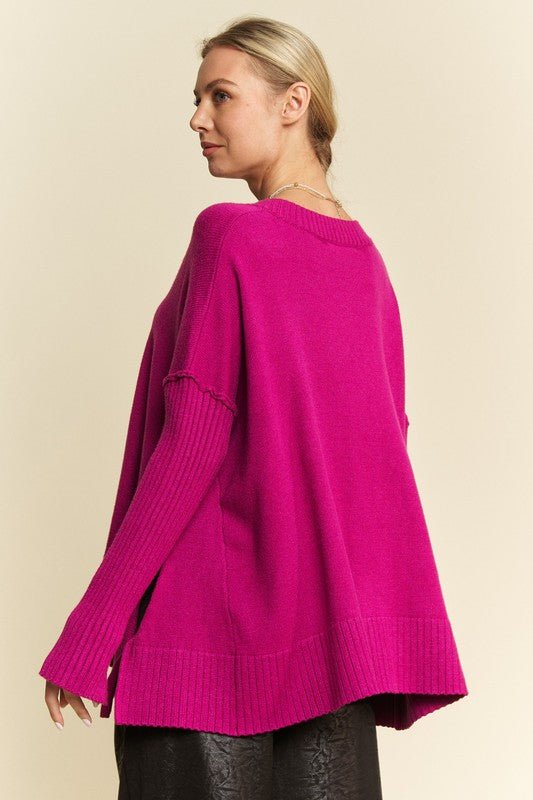 Davi & Dani - Rib Knit V - Neck Tunic Sweater in Cerise