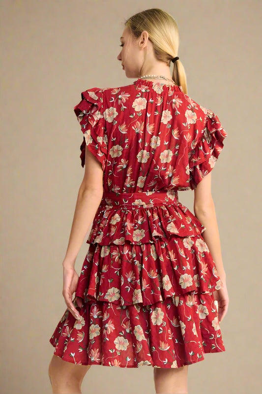 Davi & Dani - Ruffled Tiered Mini Dress – Crimson Floral