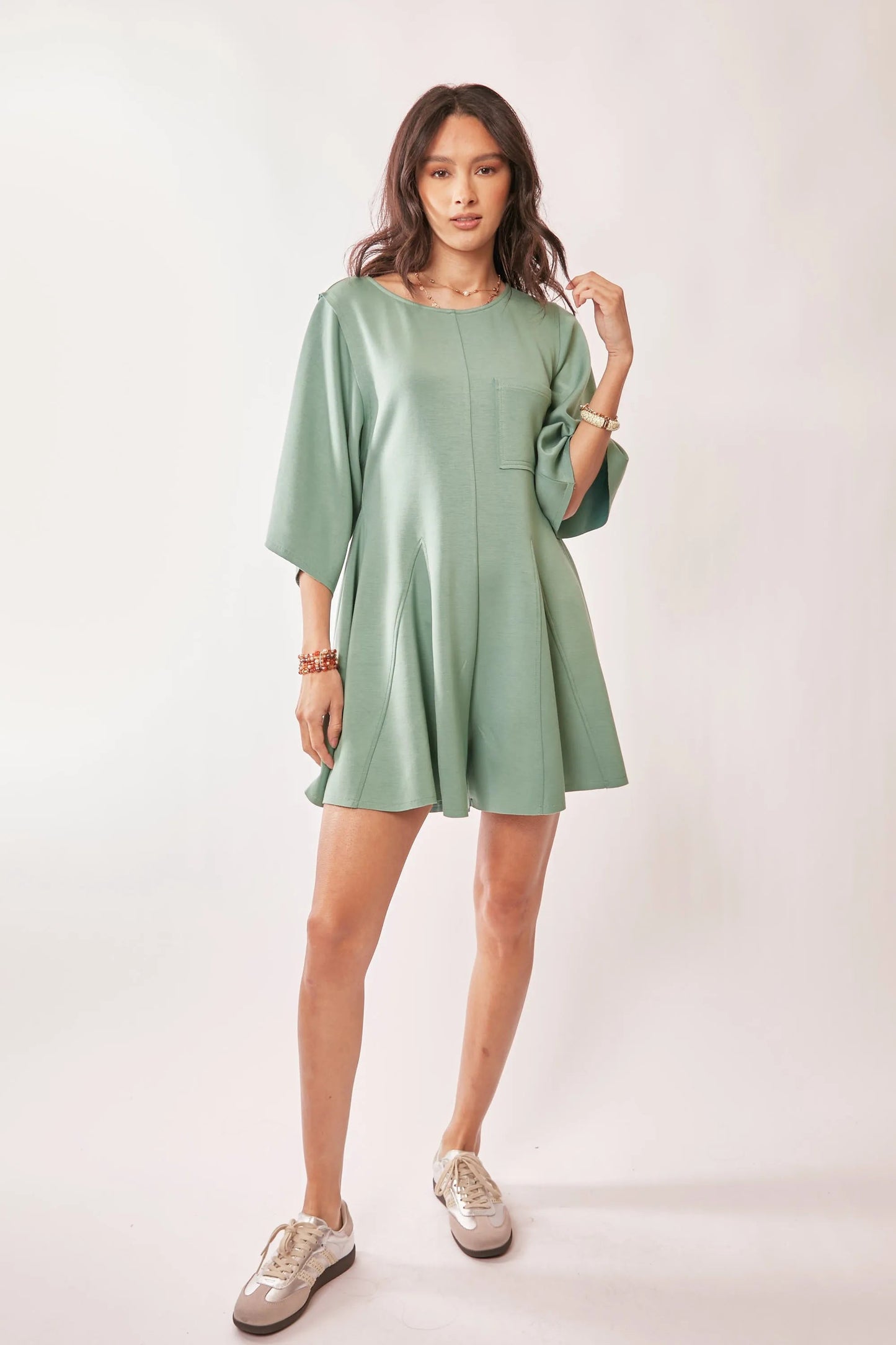 Davi & Dani - Sage Green Wide Sleeve Pleated Romper