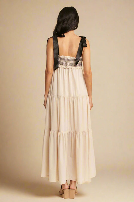 Davi & Dani - Smocked Bodice Tiered Maxi Dress – Cream & Black
