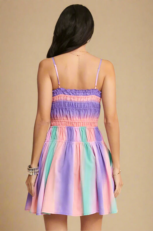Davi & Dani - Smocked Button - Front Mini Sundress – Pastel Rainbow