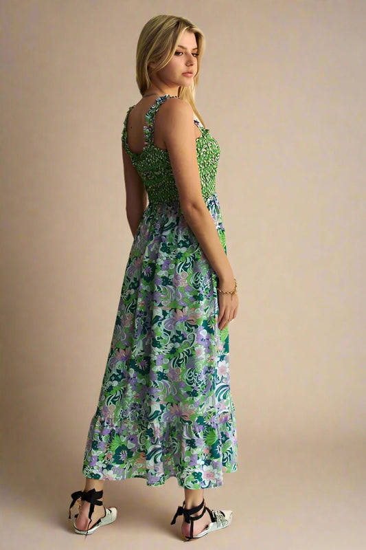 Davi & Dani - Smocked Floral Midi Dress – Green & Lavender Print