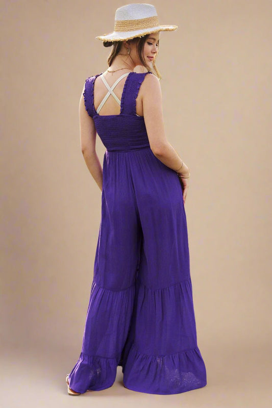 Davi & Dani - Smocked Ruffle Strap Wide Leg Jumpsuit – Purple