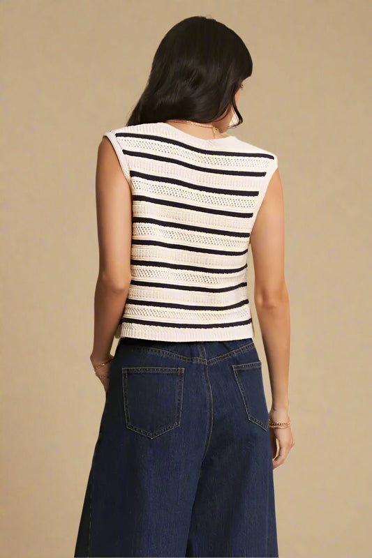 Davi & Dani - Striped Button Front Knit Vest – Ivory & Black