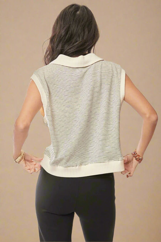 Davi & Dani - Striped Collared Knit Vest – Ivory & Black