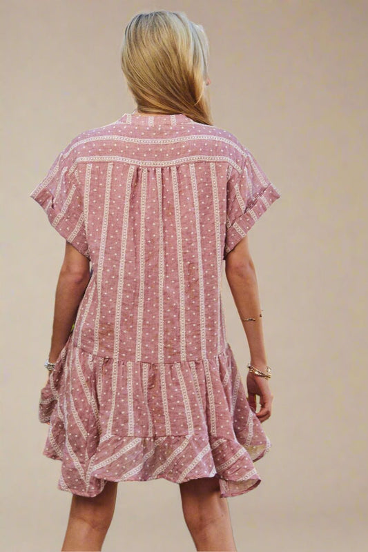 Davi & Dani - Striped V - Neck Ruffle Hem Mini Dress – Mauve & White