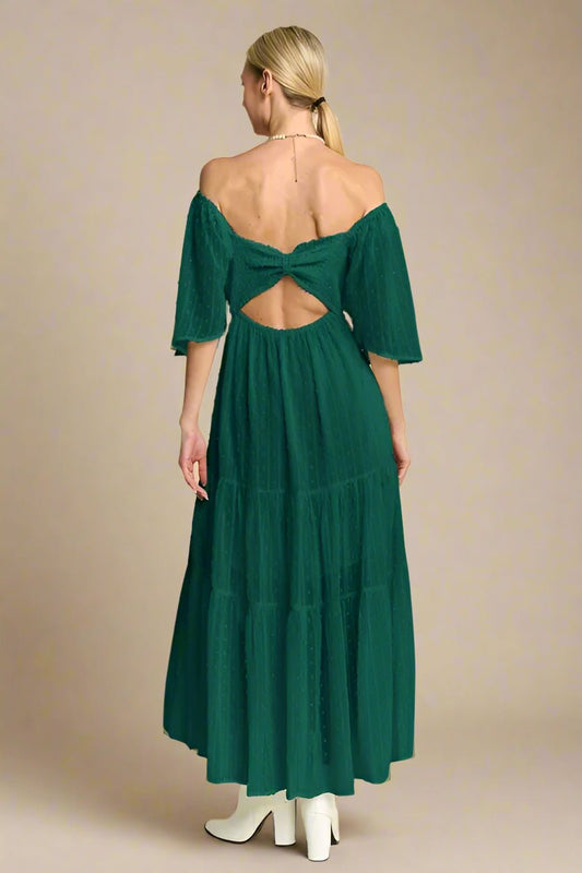 Davi & Dani - Swiss Dot Off Shoulder Maxi Dress – Deep Emerald