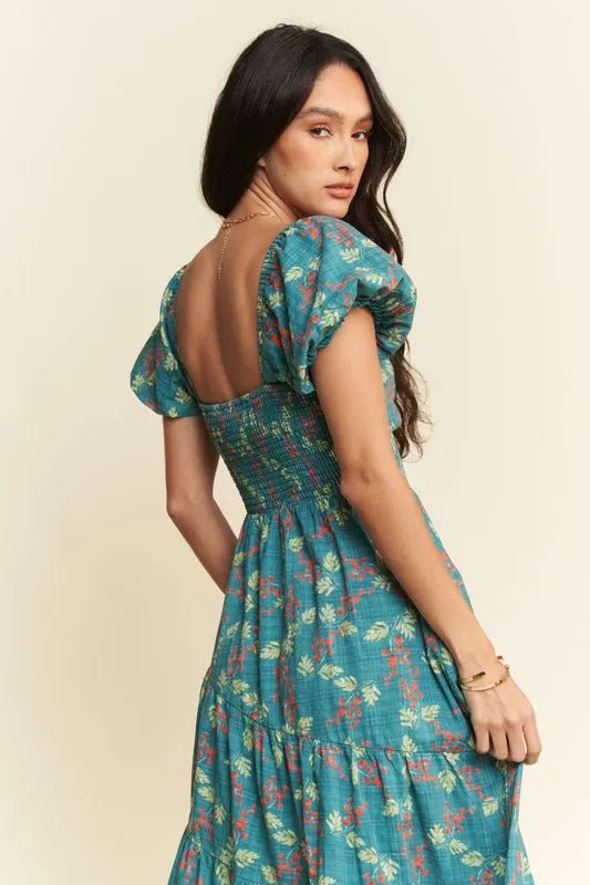 Davi & Dani - Teal Floral Smocked Maxi Dress with Puff Sleeves