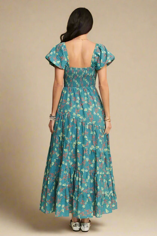 Davi & Dani - Teal Floral Smocked Maxi Dress with Puff Sleeves