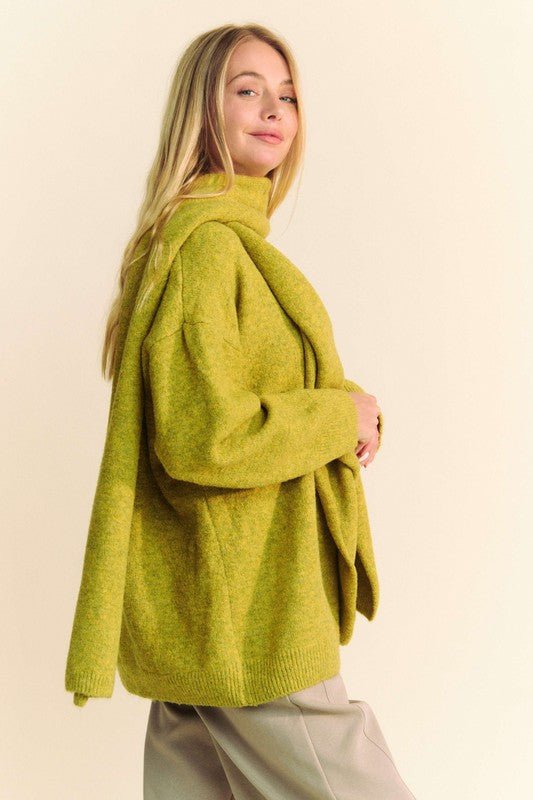Davi & Dani - V - Neck Sweater & Scarf in Chartreuse