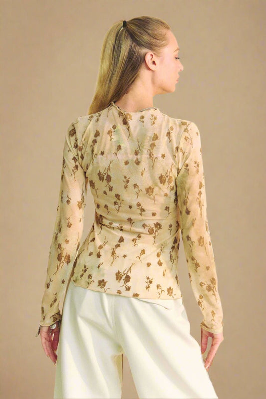 Davi & Dani - Velvet Floral Mesh Long Sleeve Top – Beige & Brown
