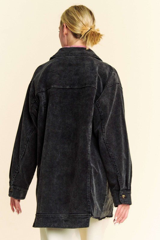 Davi & Dani - Washed Black Raw Hem Button Up Corduroy Jacket