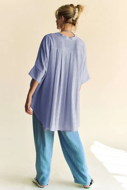 Davi & Dani - Washed Blue Rhinestone Button - Down Blouse with Mandarin Collar