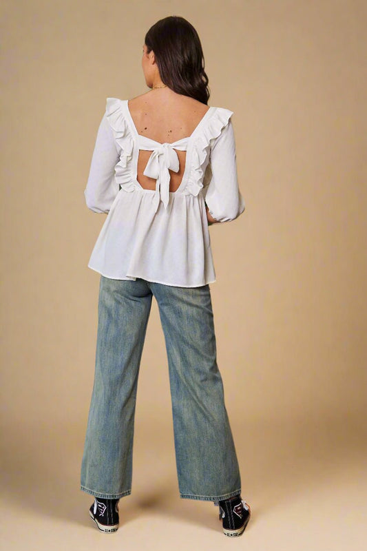 Davi & Dani - White Embroidered Ruffle Peplum Blouse