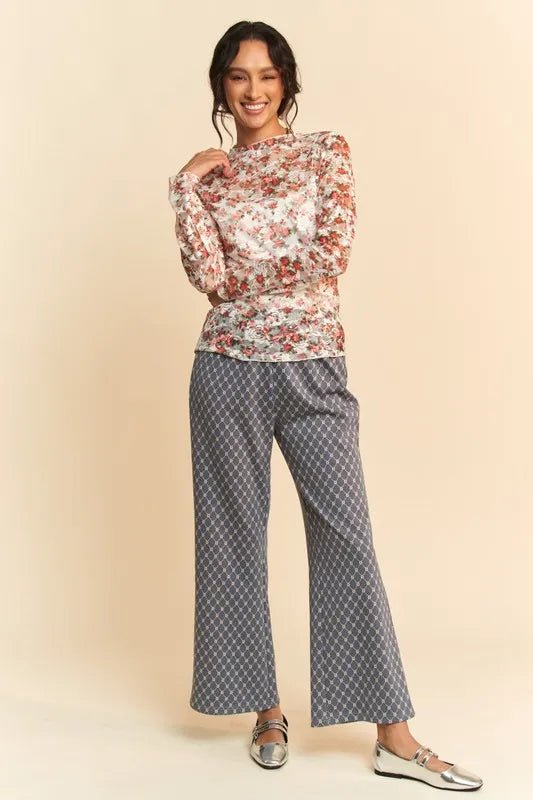 Davi & Dani - White & Red Floral Mesh Long Sleeve Top