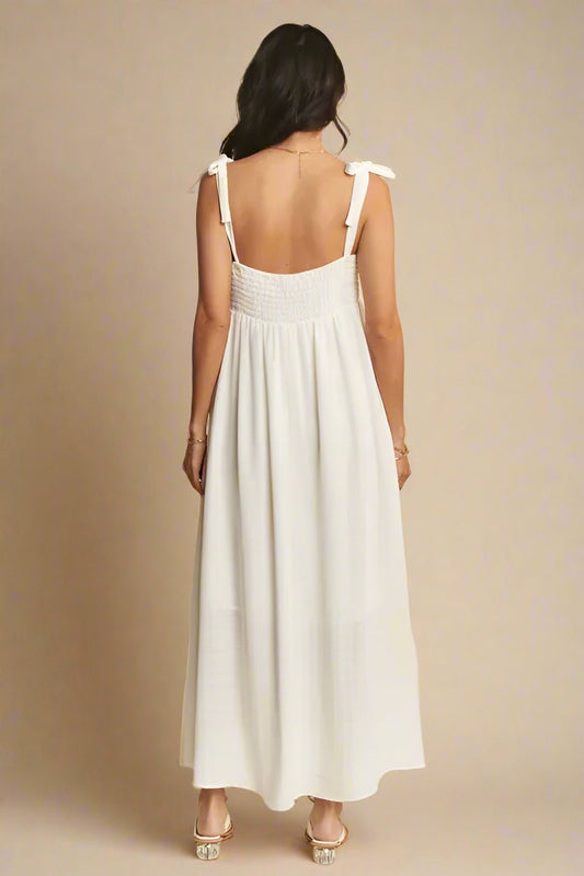 Davi & Dani - White Smocked Tie - Strap Maxi Dress