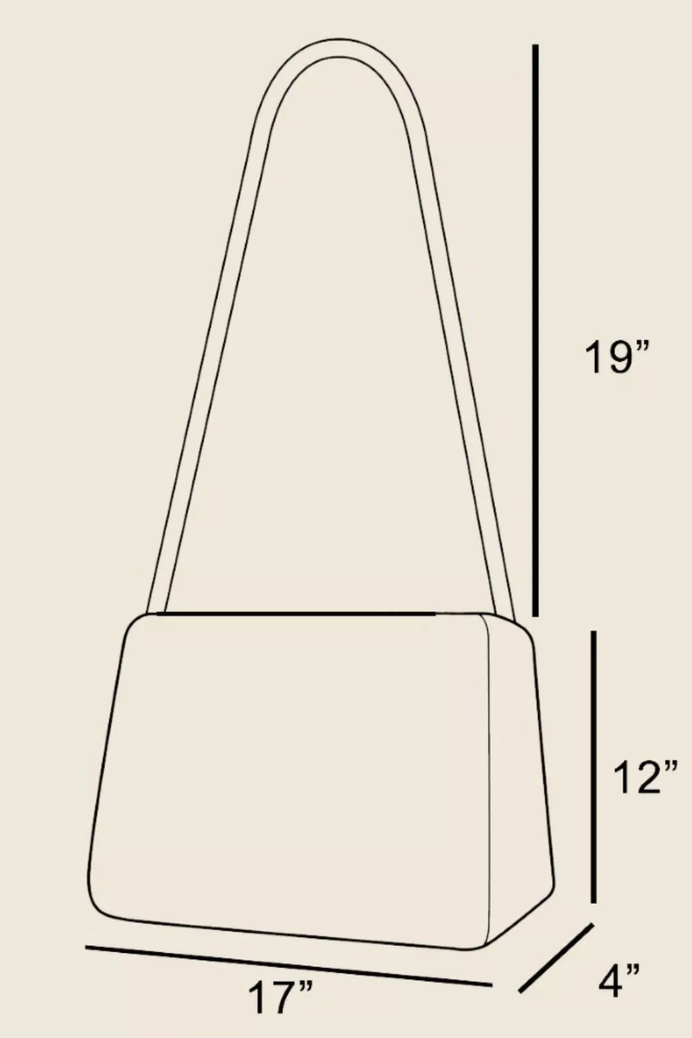 Outline of a handbag with dimensions labeled on a beige background