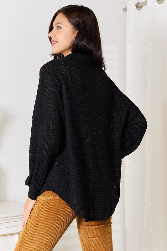 Double Take - Black Waffle Knit Collared Dropped Shoulder Shirt
