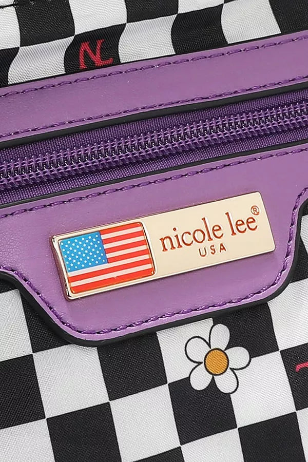 Purple bag with 'nicole lee' logo and American flag on a checkered background