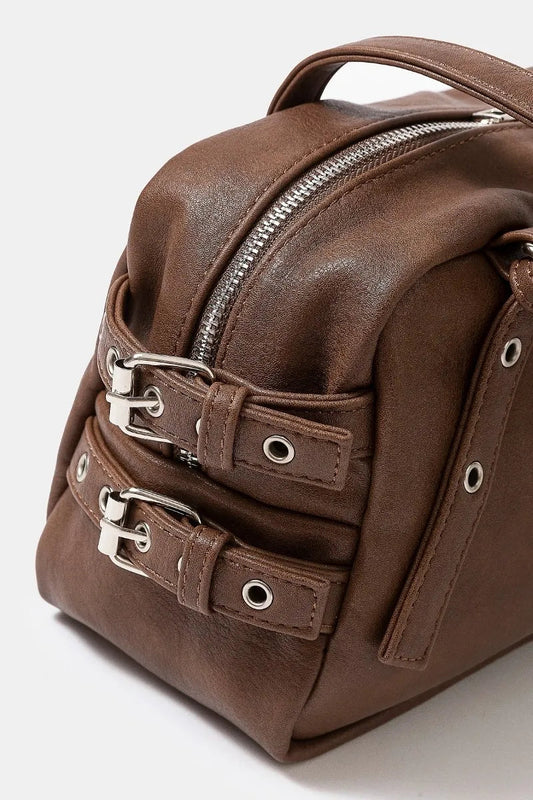 FAME ACCESSORIES - Chestnut Brown Vegan Leather Shoulder Bag with Buckle Detail