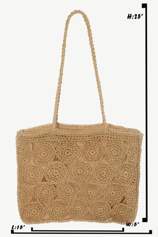 FAME ACCESSORIES - Natural Crochet Circle Pattern Tote Bag