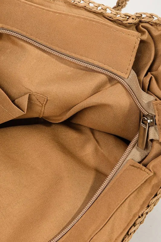 FAME ACCESSORIES - Natural Crochet Circle Pattern Tote Bag