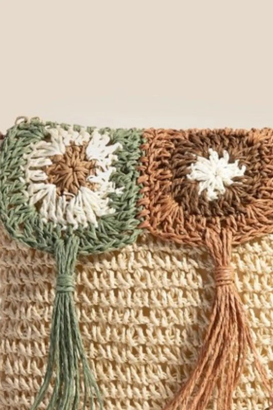 FAME ACCESSORIES - Natural Crochet Tassel Flap Straw Clutch