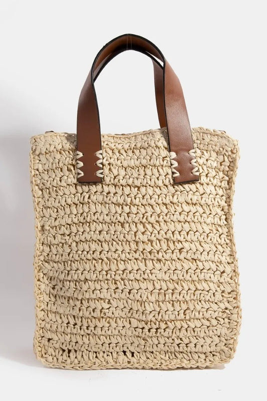 FAME ACCESSORIES - Natural Woven Tote with Brown Vegan Leather Handles