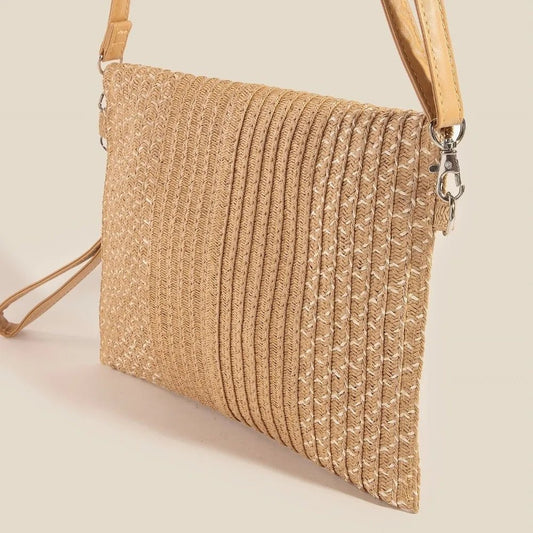FAME ACCESSORIES - Tan Woven Straw Crossbody Clutch Bag