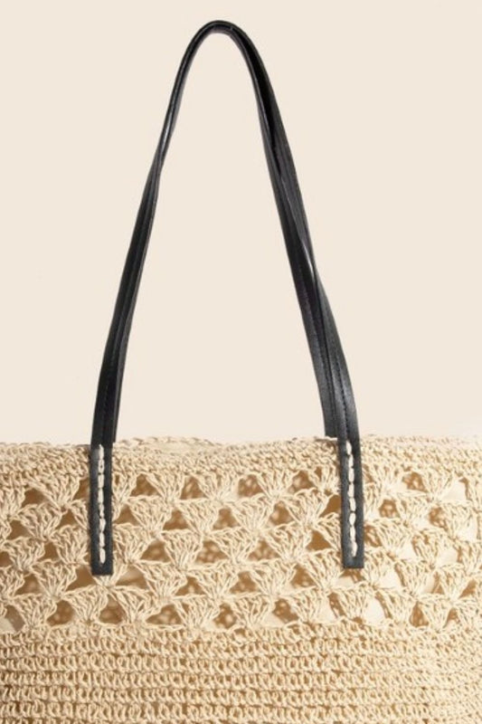 FAME ACCESSORIES - Vegan Leather Handle Crochet Tote Bag in Tan