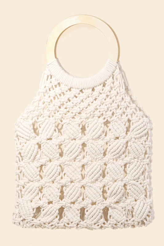 FAME ACCESSORIES - White Macramé Circle Handle Bag