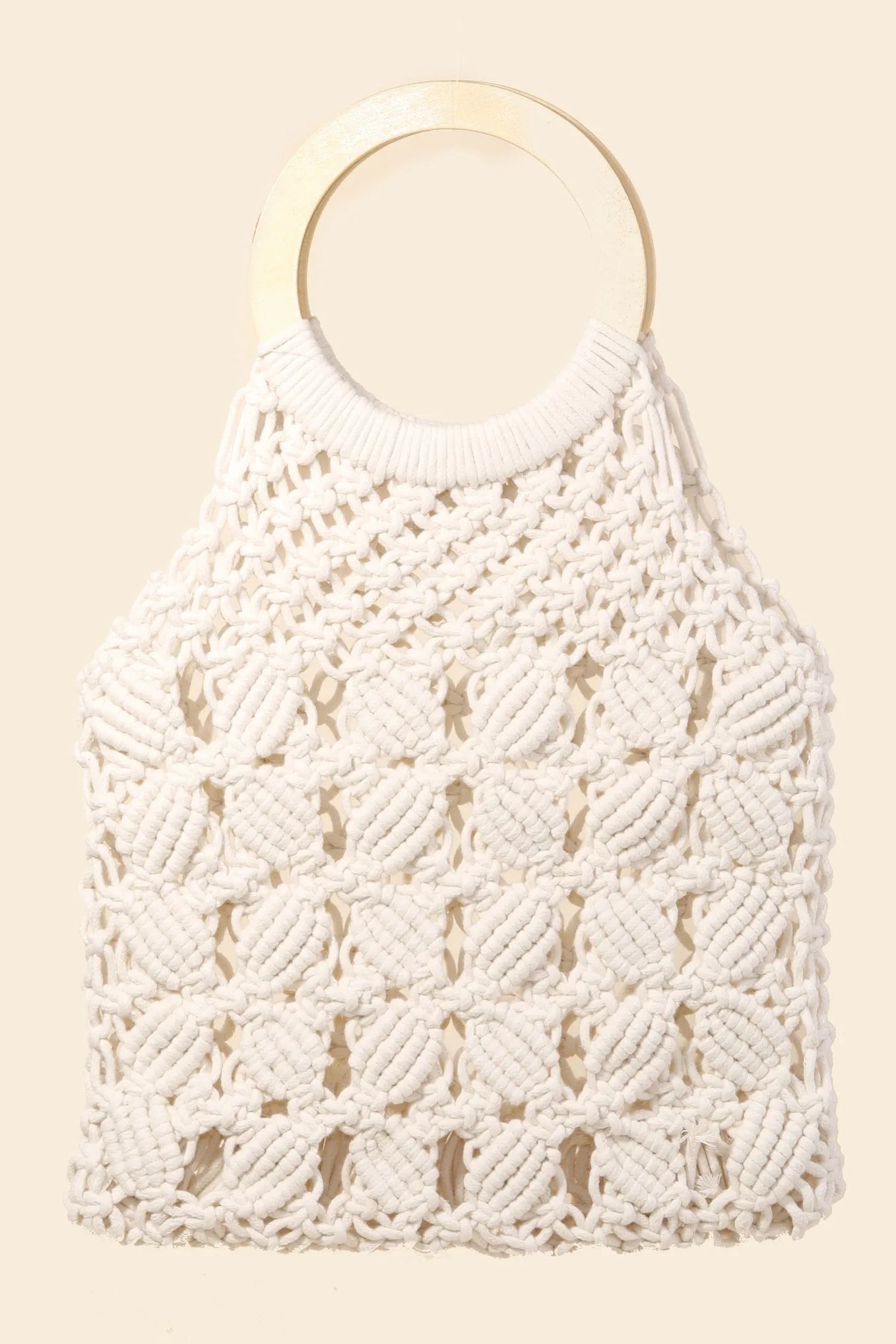 FAME ACCESSORIES - White Macramé Circle Handle Bag