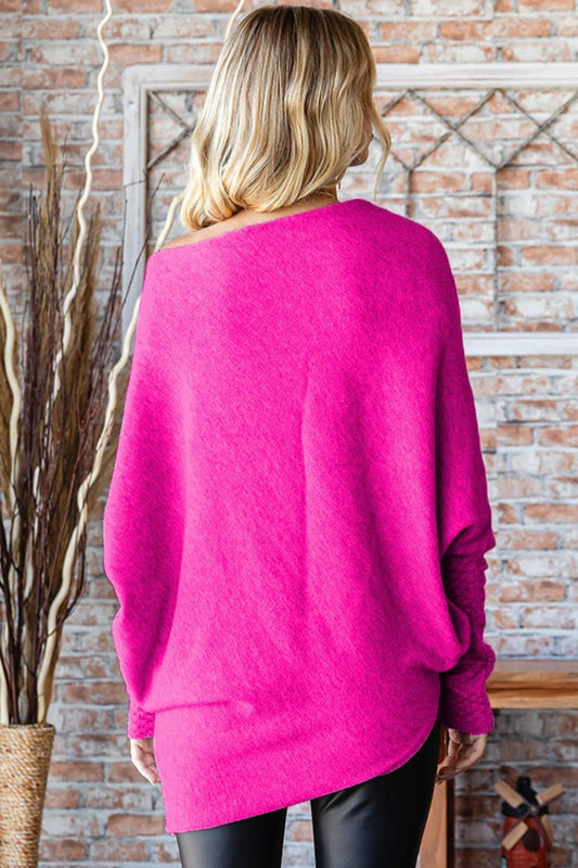 First Love - Asymmetrical Hem Dolman Sleeve Sweater in Fuchsia