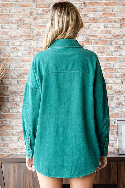 First Love - Green Washed Corduroy Button Down Long Sleeve Shirt