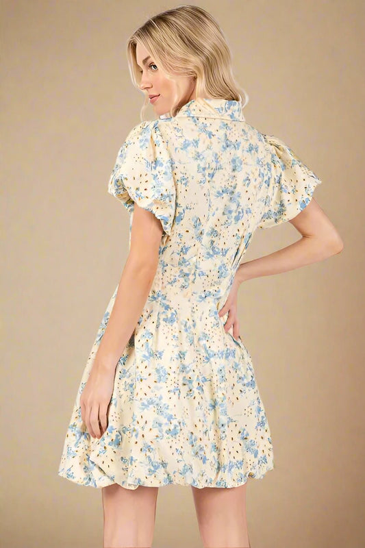 GeeGee - Floral Eyelet Puff Sleeve Zip Dress in Butter Yellow